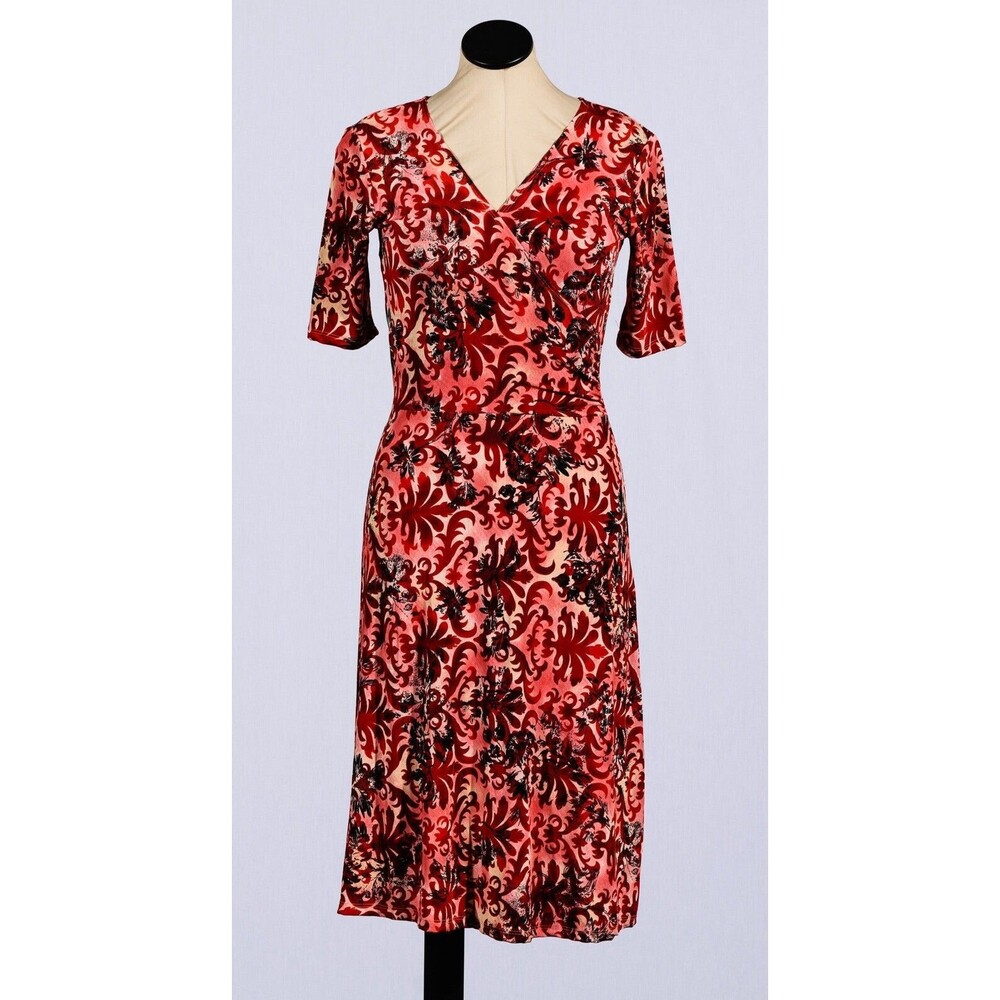 Marciano Nicole Canada Red Black Floral Stretch Knit V-Neck Midi Dress Sz P/S